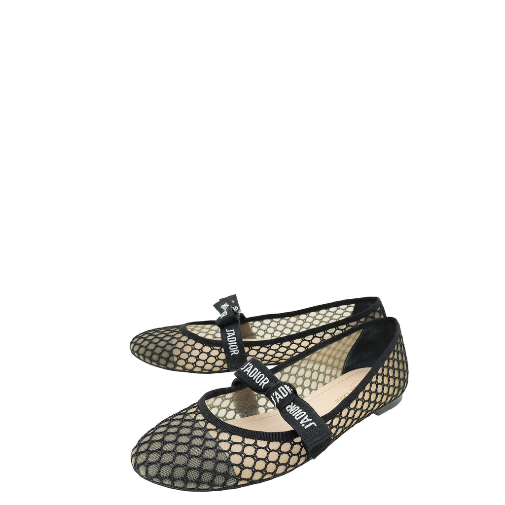 Christian Dior Black Miss J'adior Fishnet Mesh Flat Ballerina 39