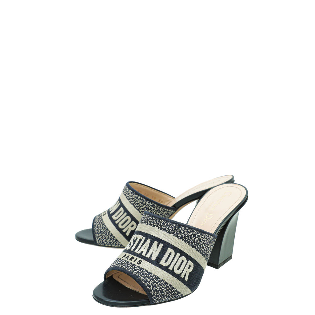 Christian Dior Navy Blue Dway Embroidered Cotton Heeled Mules 36.5