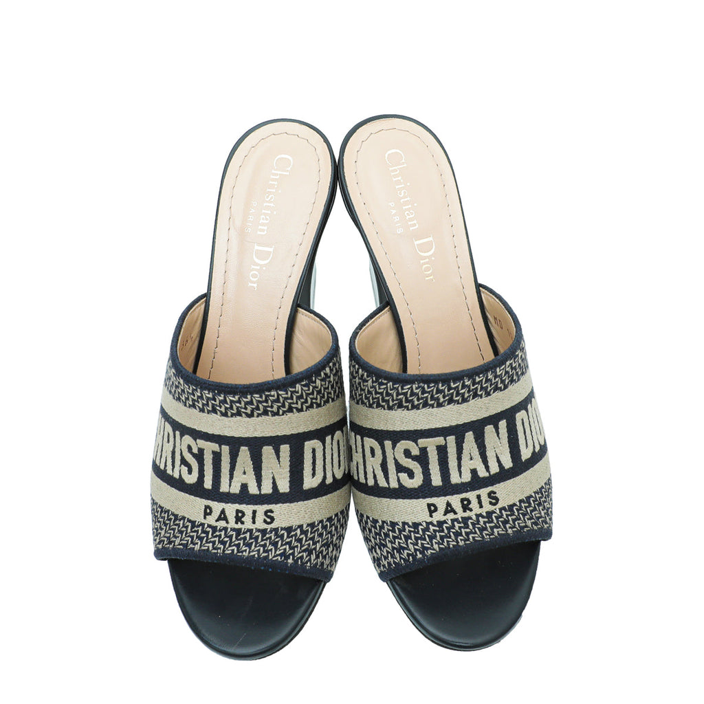 Christian Dior Navy Blue Dway Embroidered Cotton Heeled Mules 36.5
