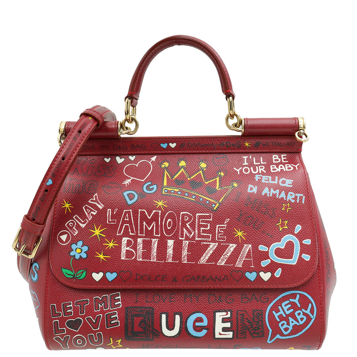 Dolce & Gabbana Burgundy Multicolor Dauphine Sicily Graffiti Print Medium Bag