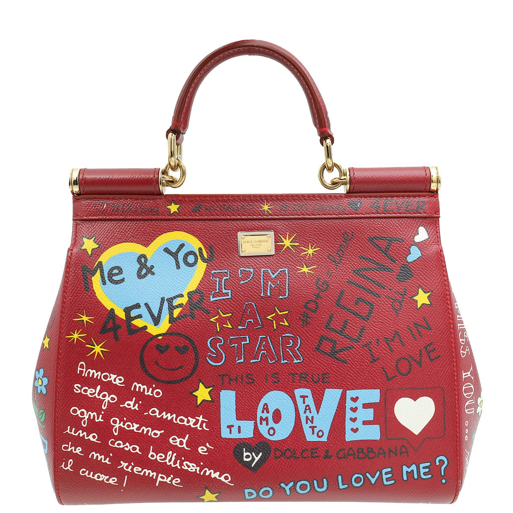 Dolce & Gabbana Burgundy Multicolor Dauphine Sicily Graffiti Print Medium Bag