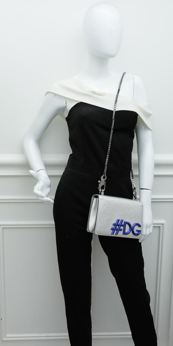 Dolce & Gabbana Metallic Silver DG Girls Hashtag Logo Metallic Chain Flap Bag