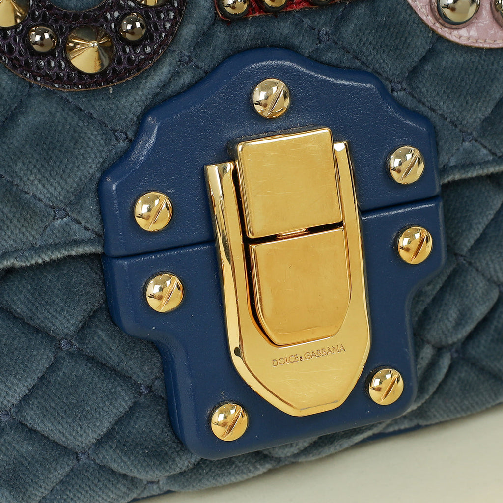 Dolce & Gabbana Blue Lucia Velvet Embellished Flap Bag