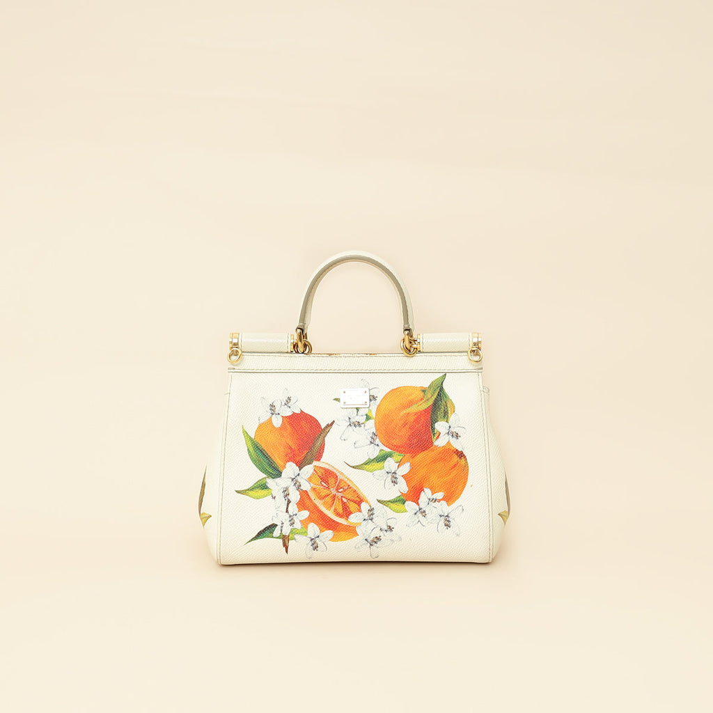 Dolce & Gabbana White Multicolor Flowers Orange Print Miss Sicily Small Bag