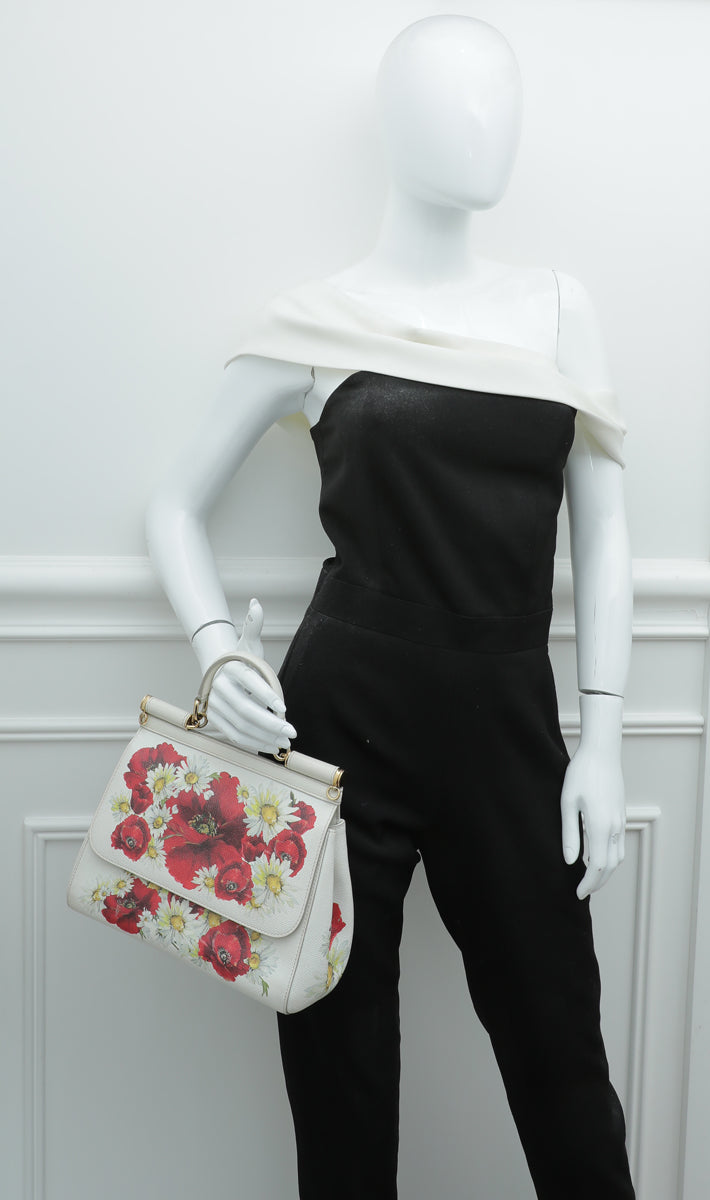 Dolce & Gabbana White Multicolor Flower Print Sicily Medium Bag