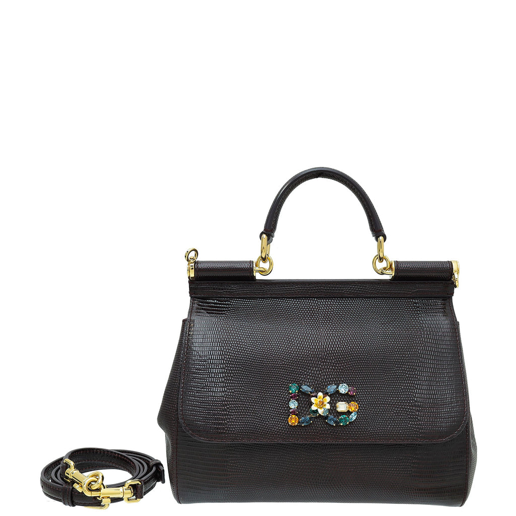 Dolce & Gabbana Burgundy Iguana Print Crystal Sicily Medium Bag