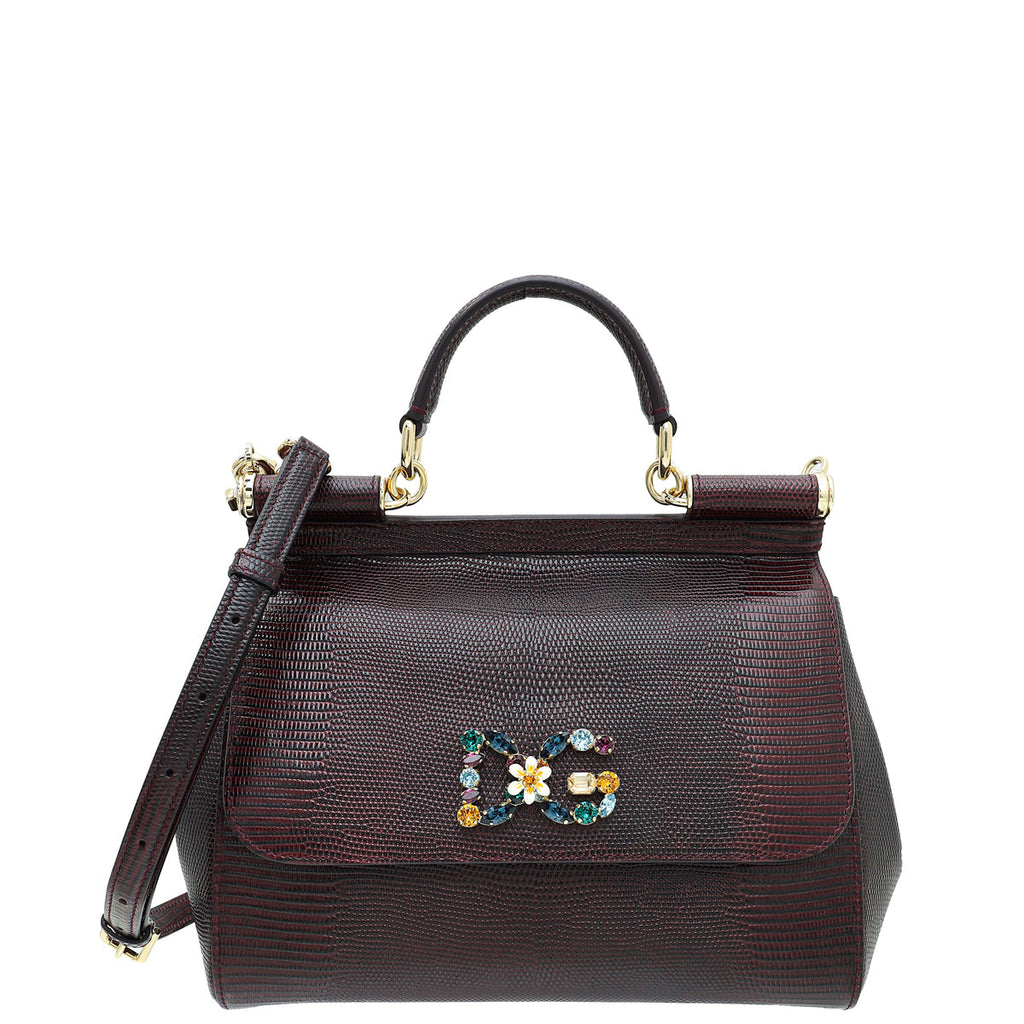 Dolce & Gabbana Burgundy Iguana Print Crystal Sicily Medium Bag