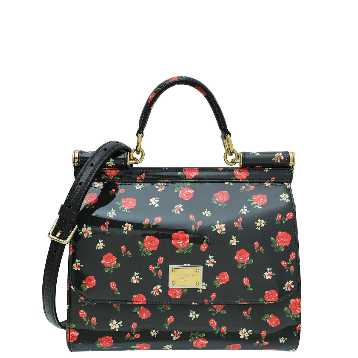 Dolce & Gabbana Black Multicolor Flower Print Sicily Medium Bag