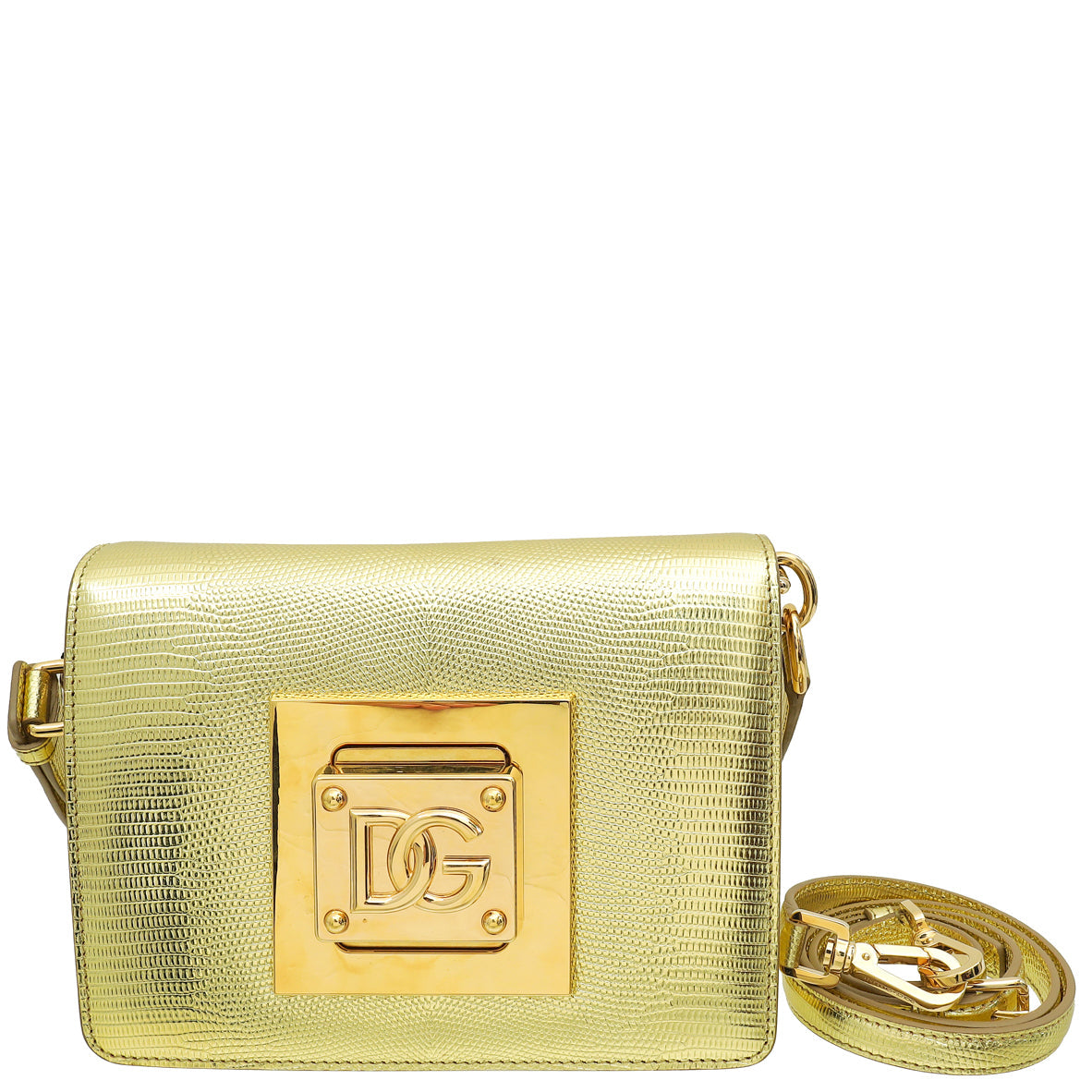 Dolce & Gabbana Metallic Gold Lizard Embossed Bella Shoulder Bag