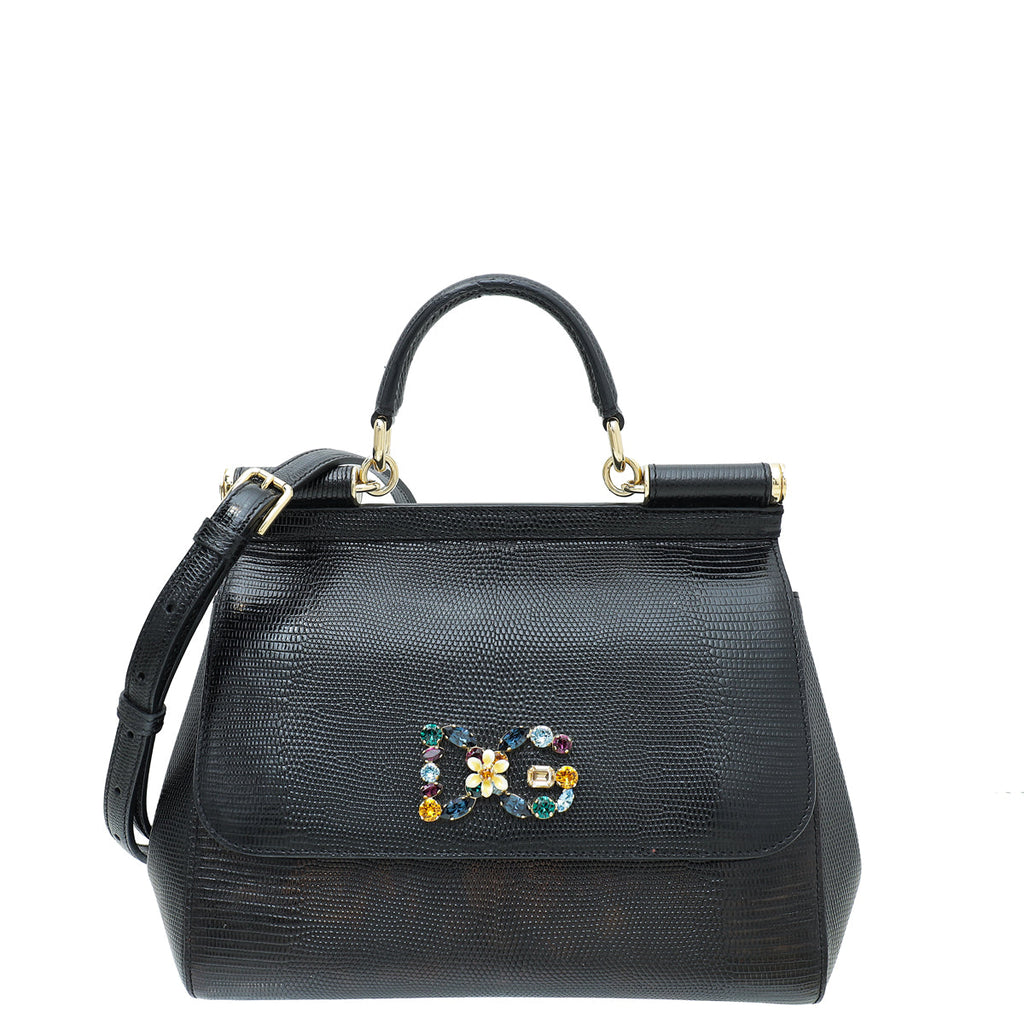 Dolce & Gabbana Black Lizard Print DG Crystal Sicily Bag