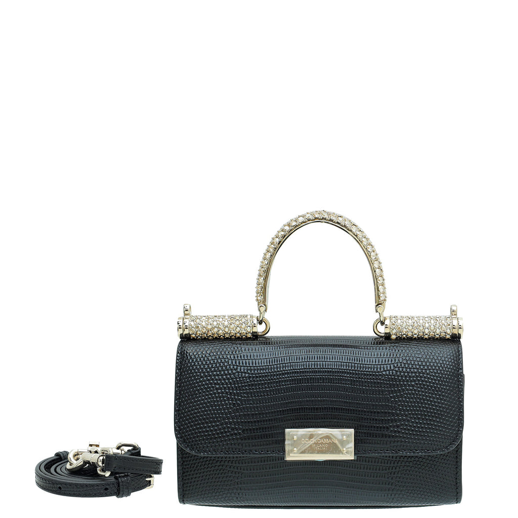 Dolce & Gabbana Black Lizard 90's Sicily Crystal Top Handle Bag