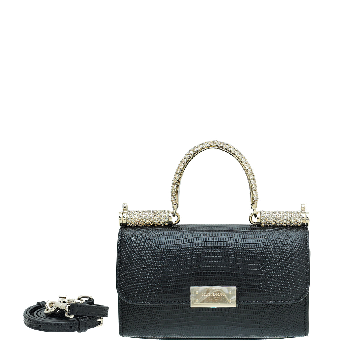 Dolce & Gabbana Black Lizard 90's Sicily Crystal Top Handle Bag