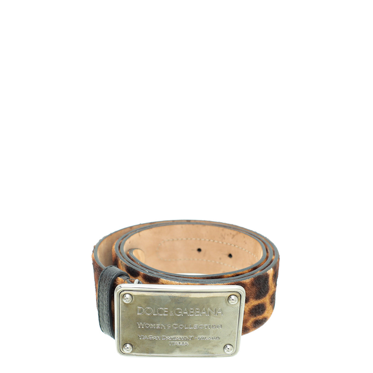 Dolce & Gabbana Brown Leopard Print Calf Hair Logo Plaque Belt 36