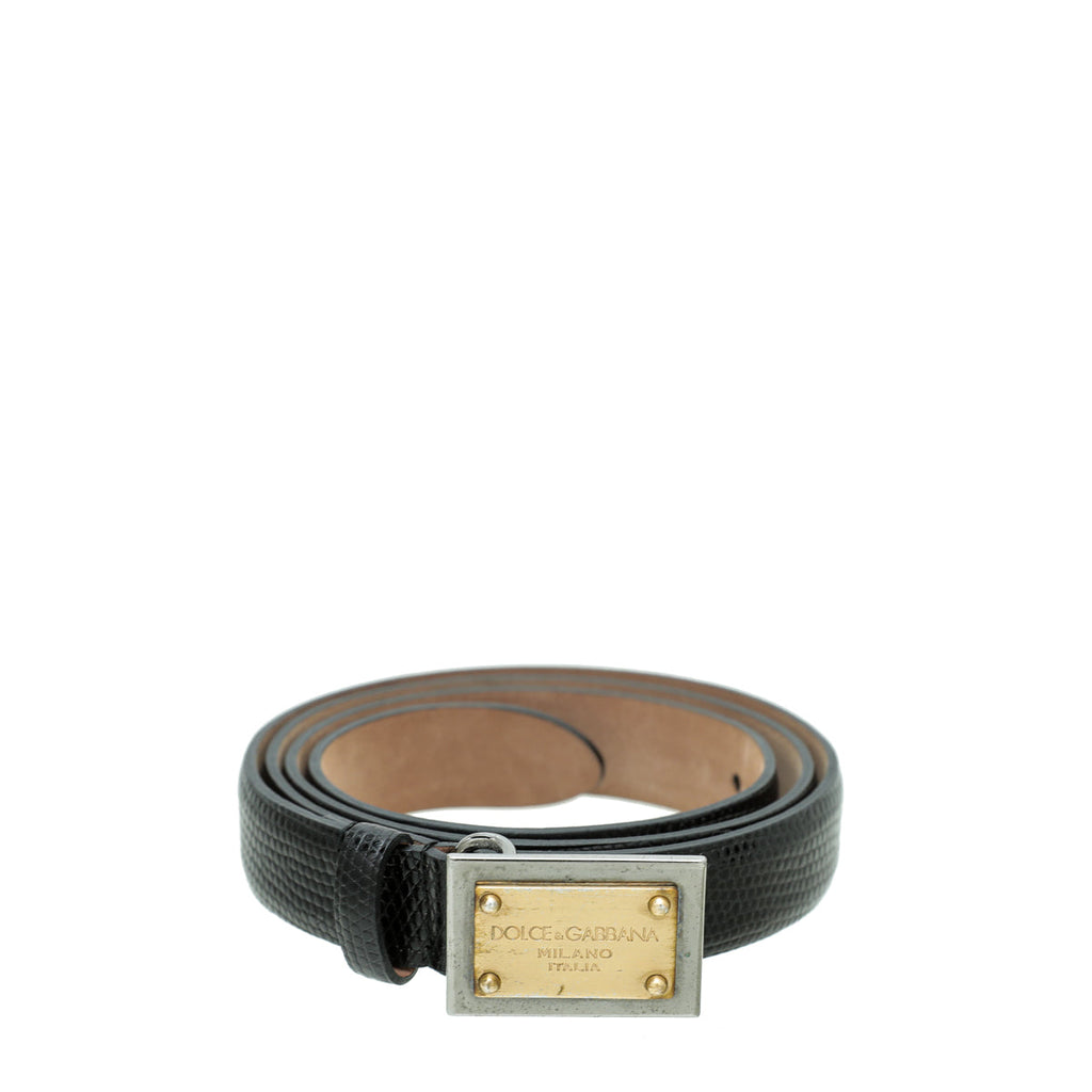 Dolce & Gabbana Black Lizard Embossed Logo Buckle 20mm Belt 34