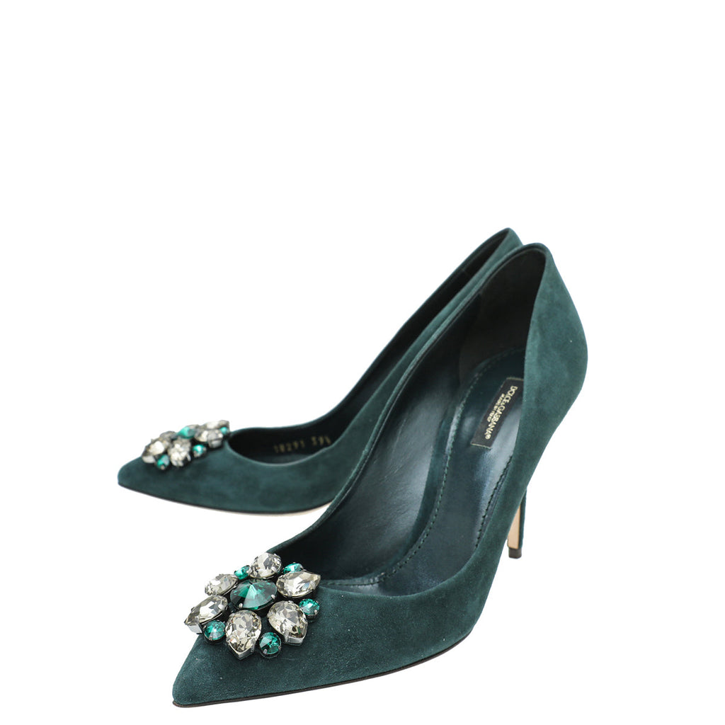 Dolce & Gabbana Emerald Green Suede Bellucci Crystal Pump 39.5
