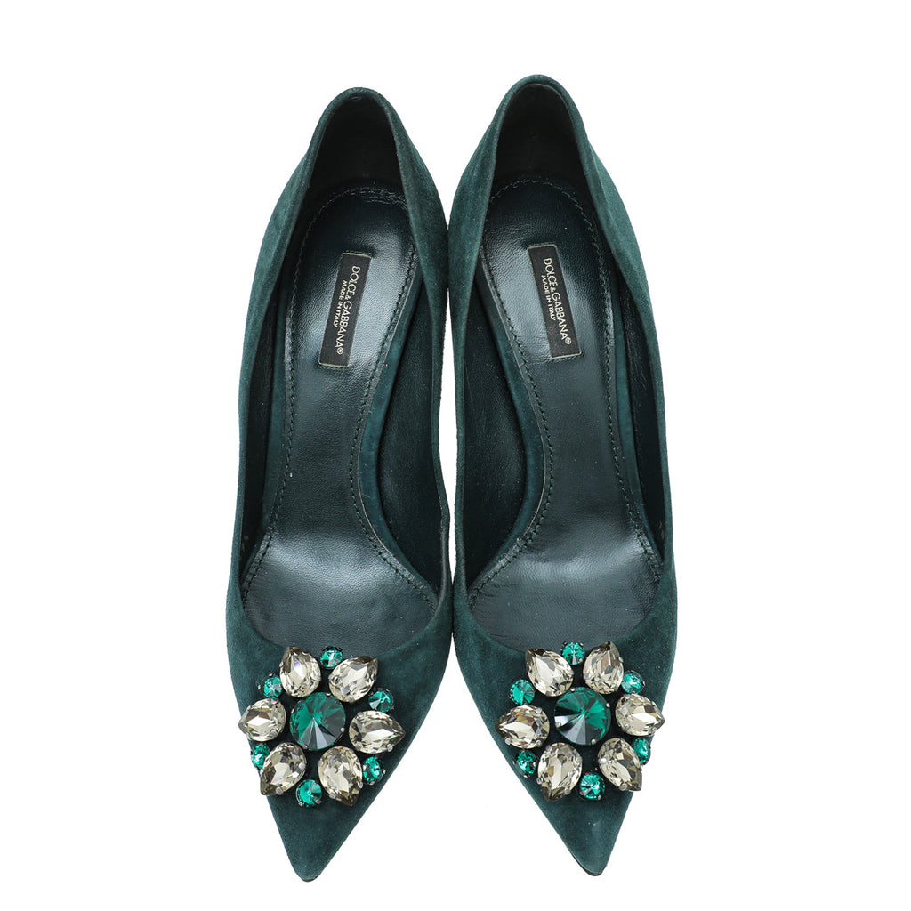 Dolce & Gabbana Emerald Green Suede Bellucci Crystal Pump 39.5