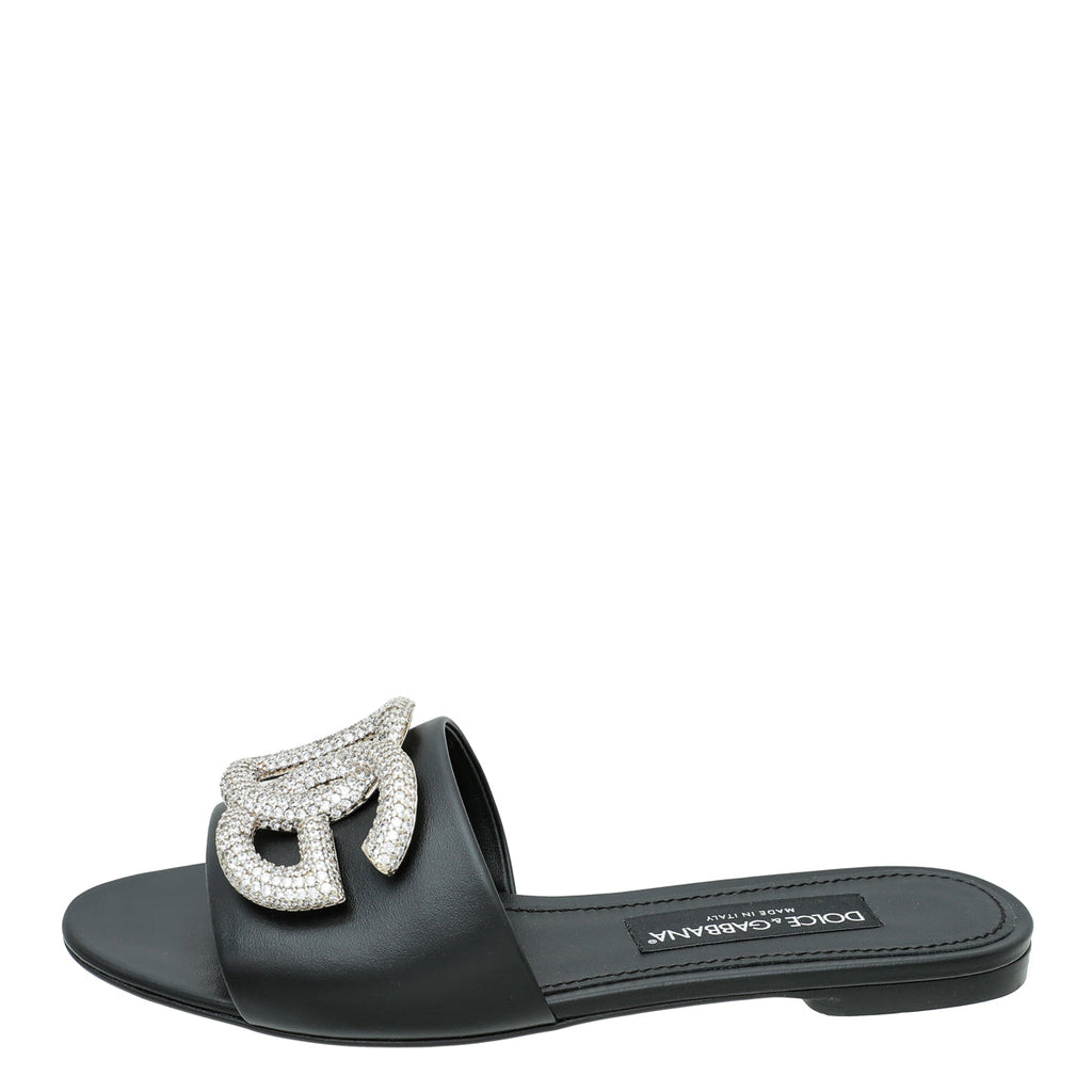 Dolce & Gabbana Black DG Crystal Logo Slide Sandal 39