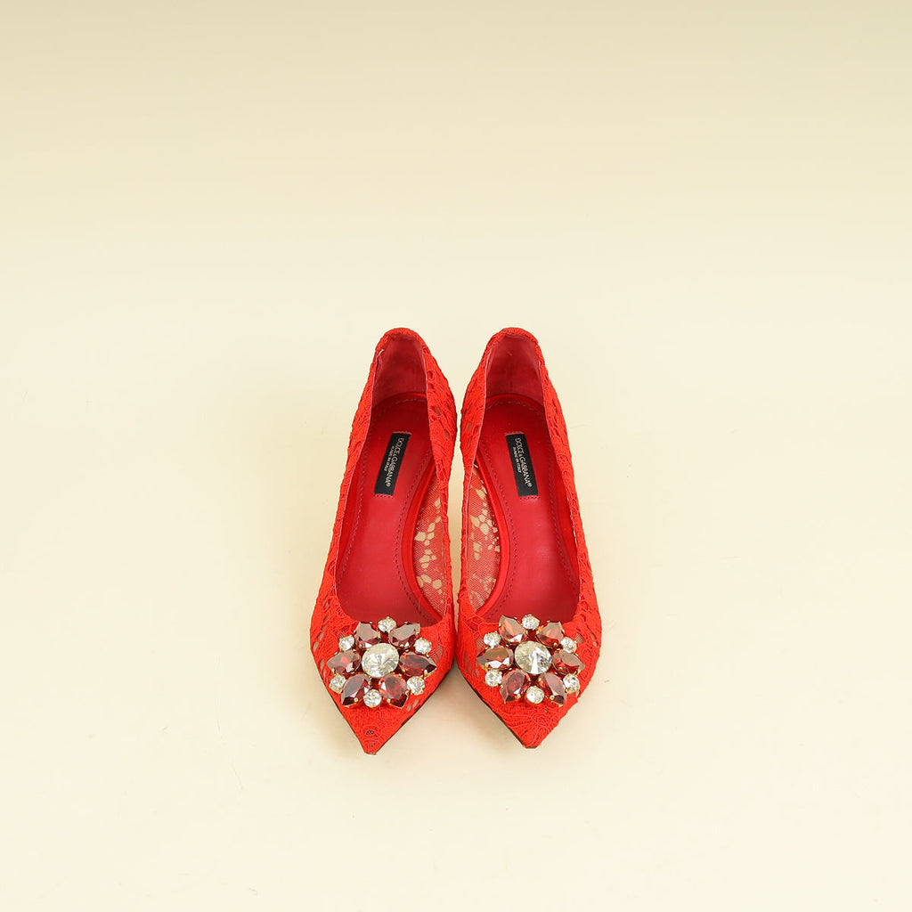 Dolce & Gabbana Red Bellucci Crystal Lace Pumps 36