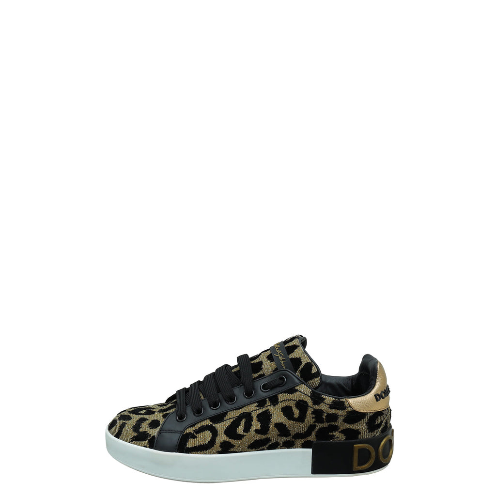 Dolce & Gabbana Tricolor Lurex Velvet Leopard Portofino Sneakers 37