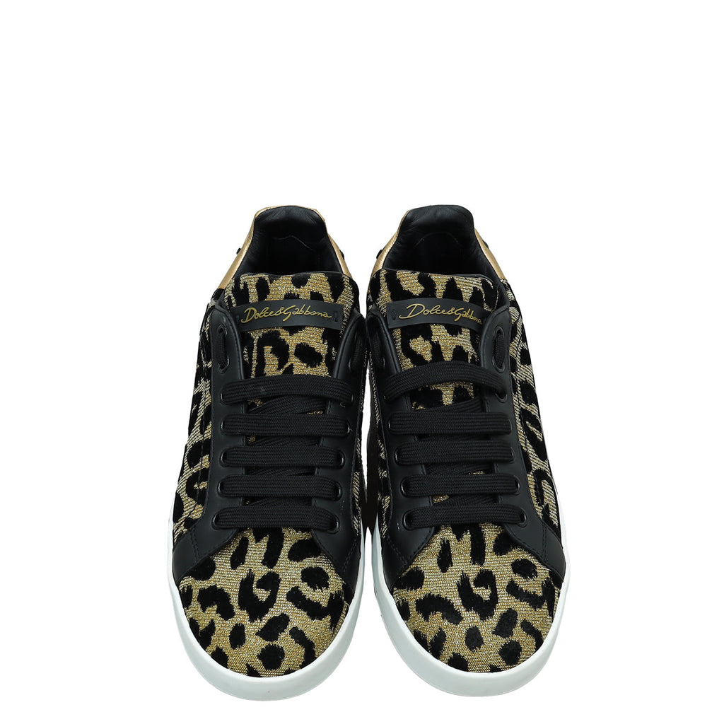 Dolce & Gabbana Tricolor Lurex Velvet Leopard Portofino Sneakers 37