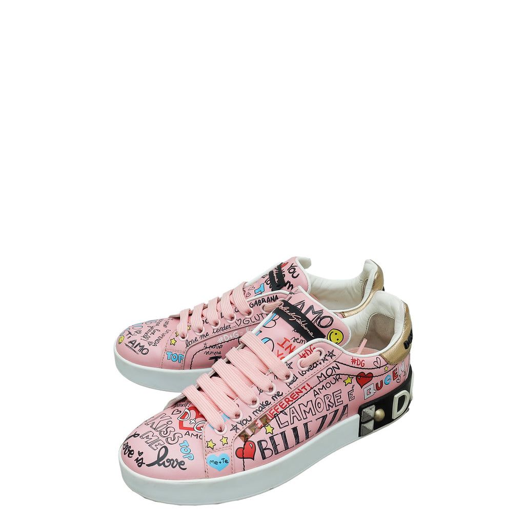 Dolce & Gabbana Pink Multicolor Graffiti Portofino Sneakers 37