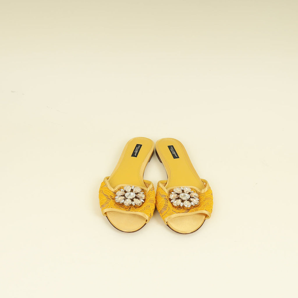 Dolce & Gabbana Yellow Bellucci Embellished Flat Sandals 39.5