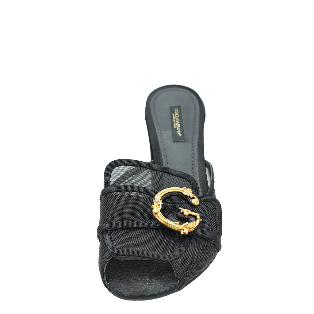 Dolce & Gabbana Black Mesh Baroque Logo Slip On Sandals 39