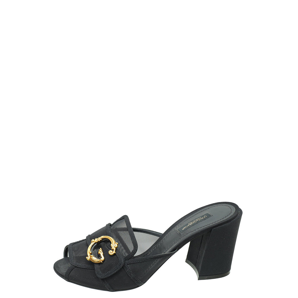 Dolce & Gabbana Black Mesh Baroque Logo Slip On Sandals 39