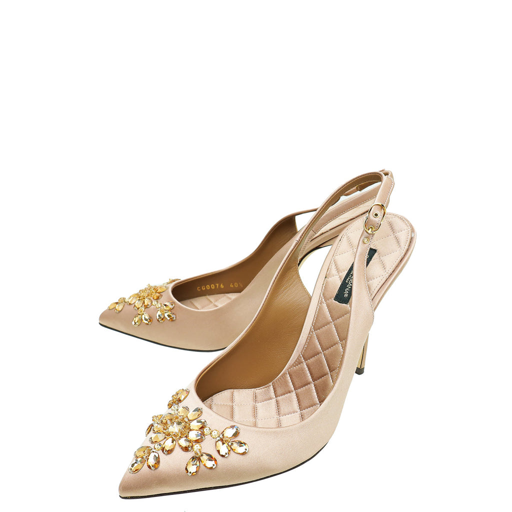 Dolce & Gabbana Rose Champaign Satin Crystal Slingback Pumps 40.5
