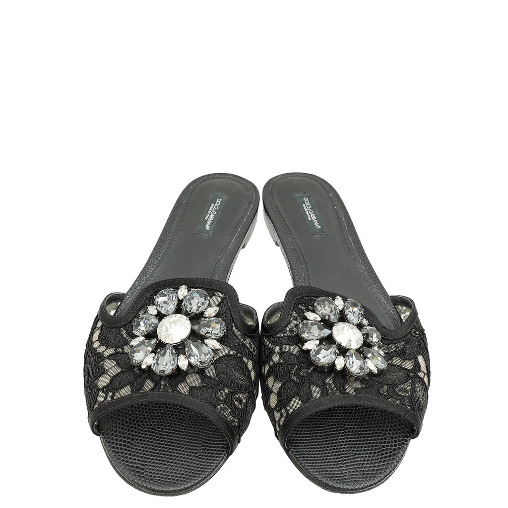 Dolce & Gabbana Black Bellucci Embellished Flat Sandals 40.5