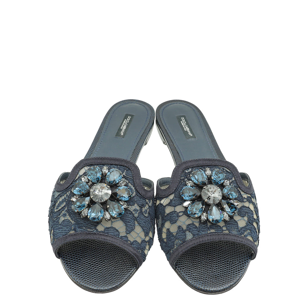 Dolce & Gabbana Indigo Blue Bellucci Embellished Flat Sandals 41