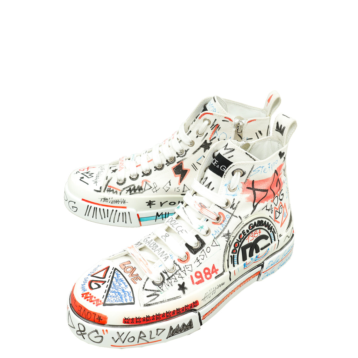 Dolce & Gabbana White Multicolor Graffiti Portofino High Sneakers 6.5