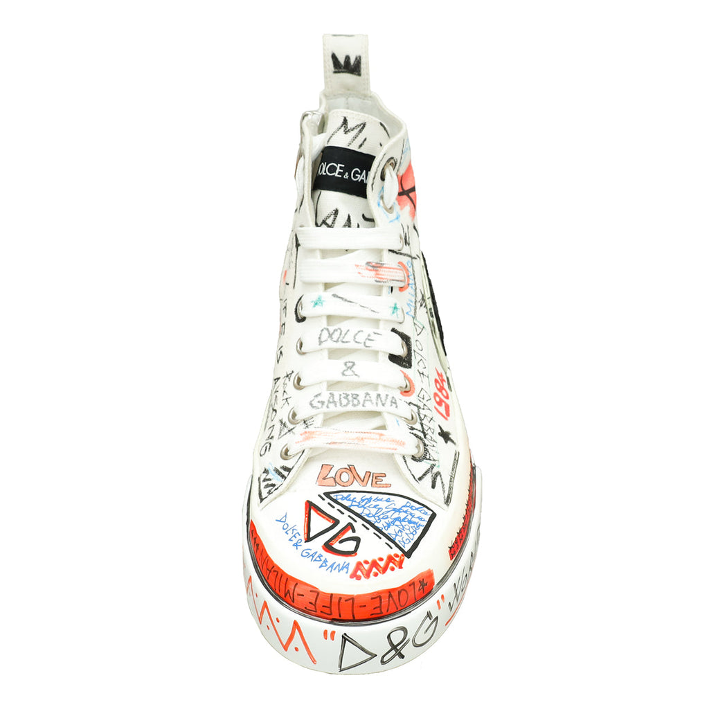 Dolce & Gabbana White Multicolor Graffiti Portofino High Sneakers 6.5