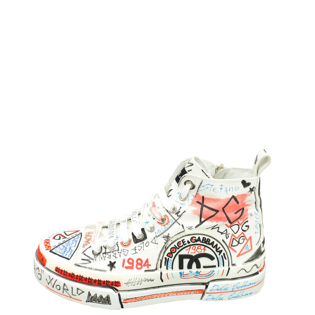 Dolce & Gabbana White Multicolor Graffiti Portofino High Sneakers 6.5