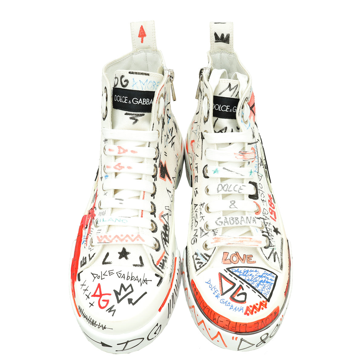 Dolce & Gabbana White Multicolor Graffiti Portofino High Sneakers 6.5