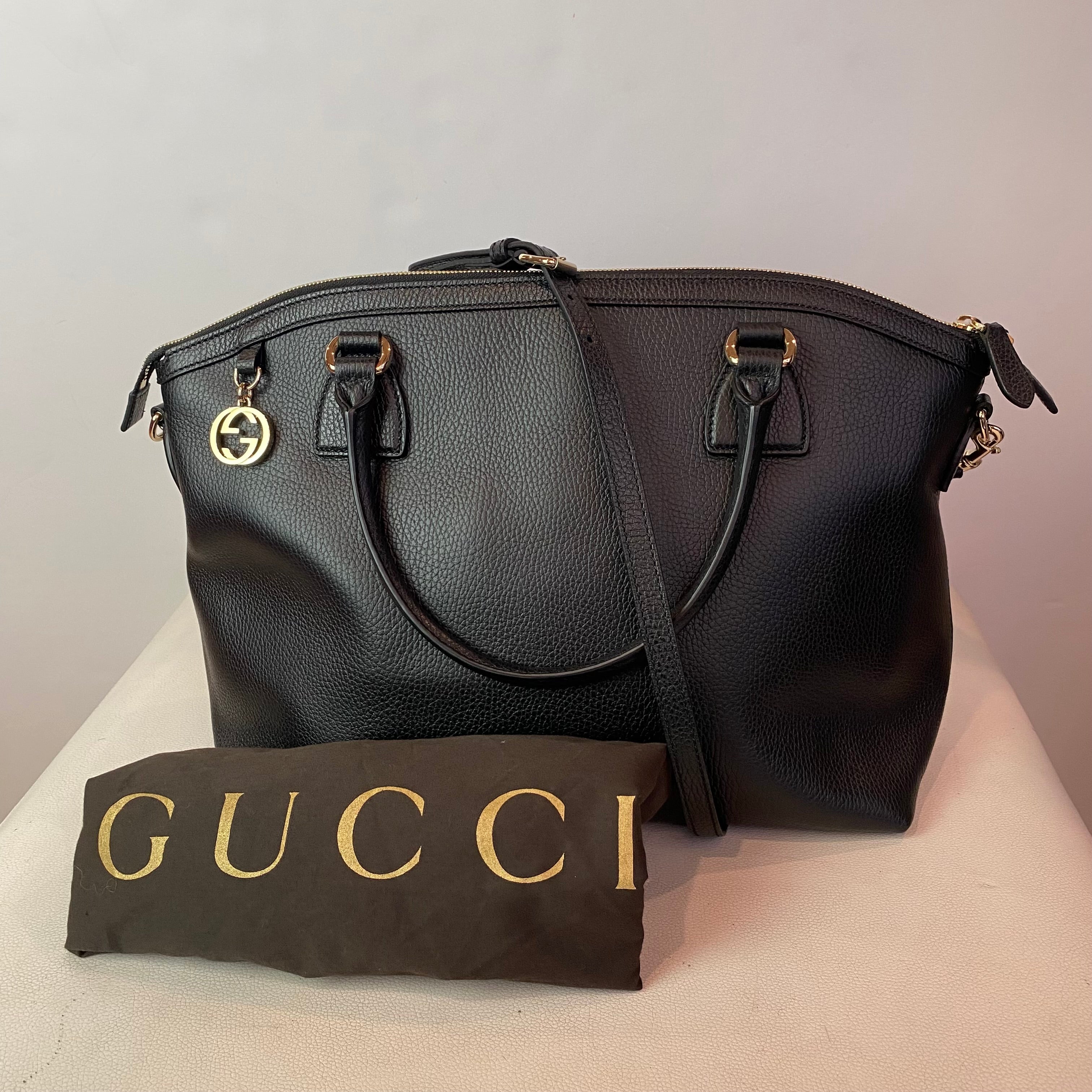 GUCCI Large Interlocking G’s Dome Tote Black Pebbled Leather Shoulder Bag