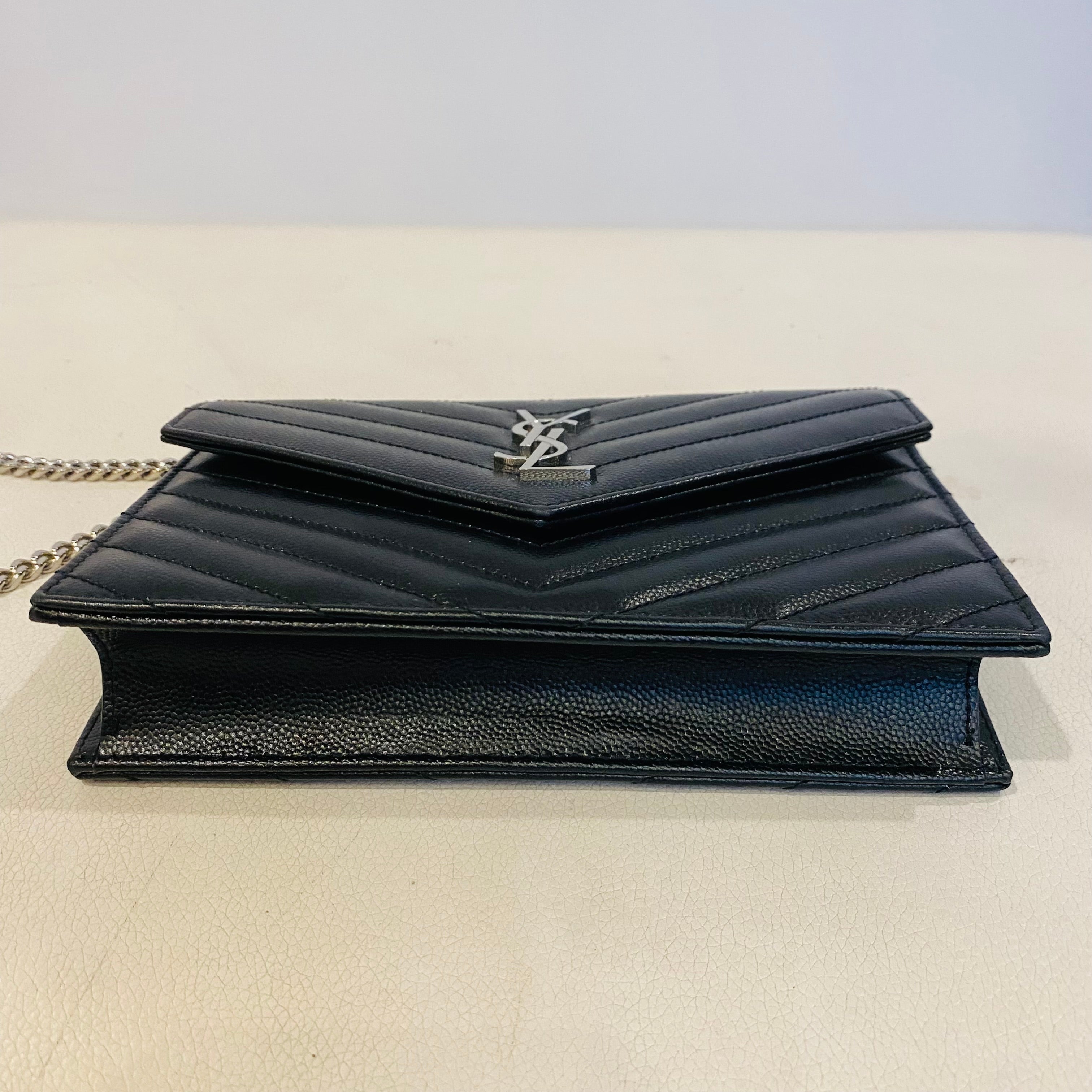 YSL Saint Laurent Monogramme Calfskin Leather Wallet on a Chain Handbag Black NWB