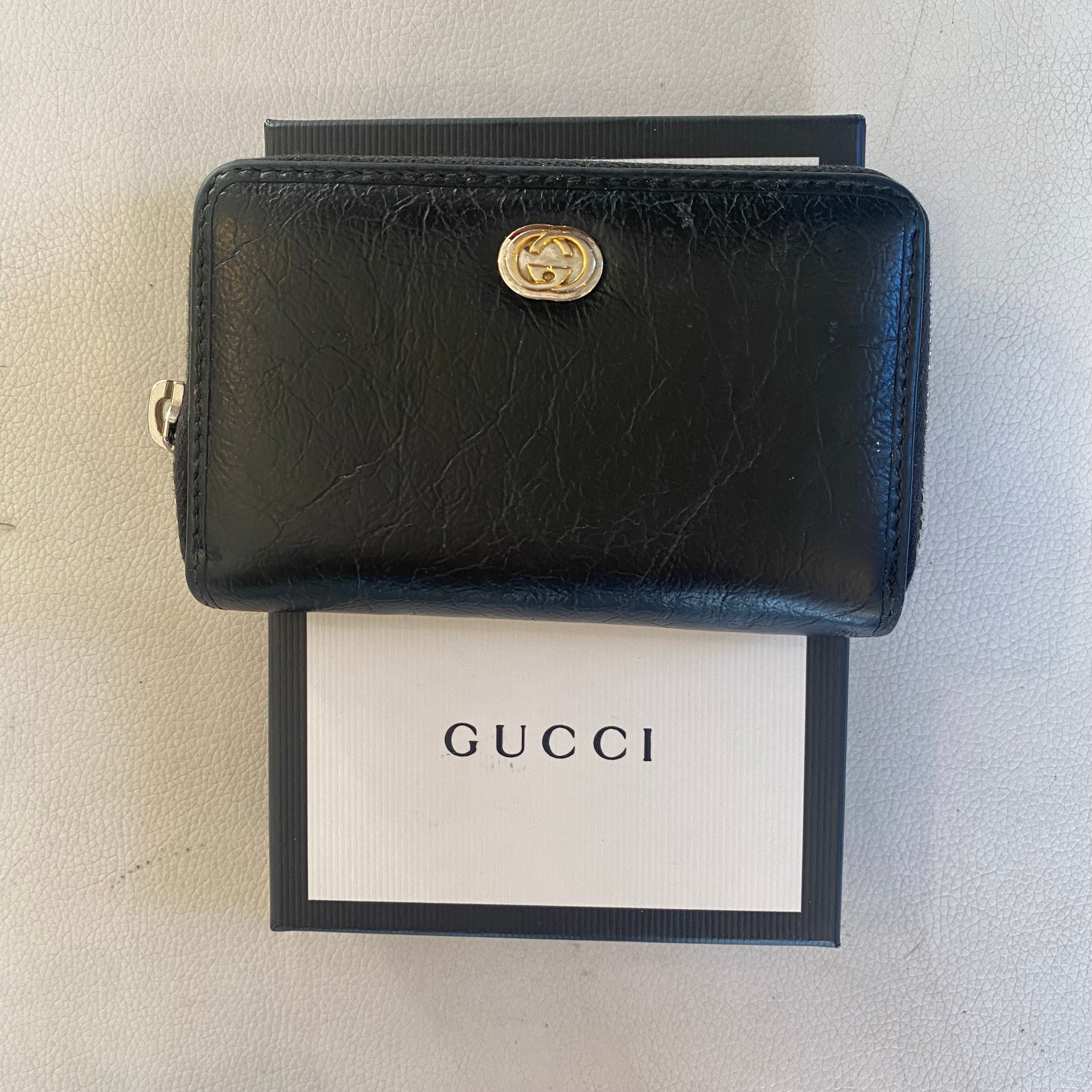 GUCCI Style 581530 Coin Case Wallet Interlocking G Leather Black Unisex
