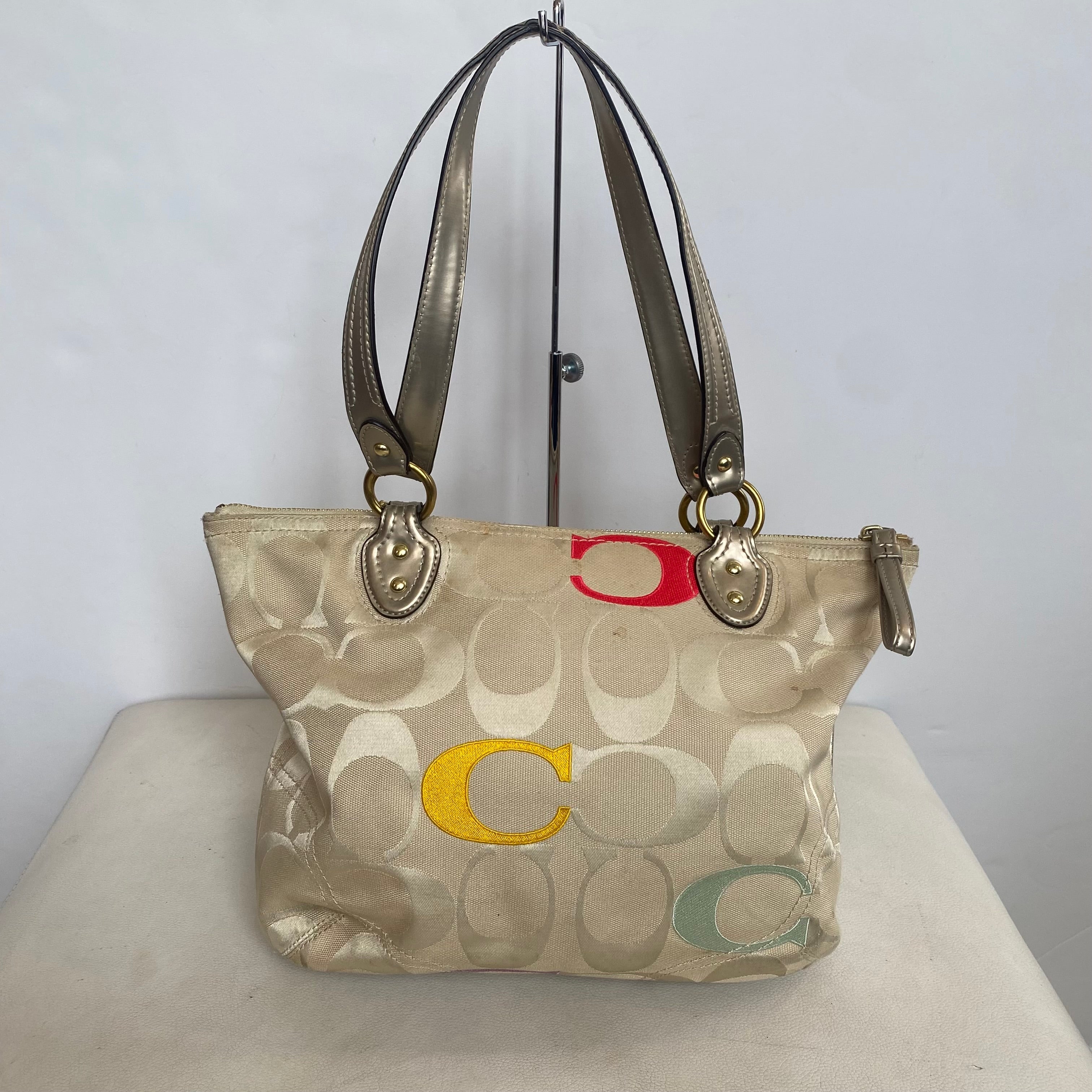 COACH #L1220-23521 Poppy Tote Shoulder Bag Embroidered C Tan Multicolor