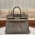 HERMÈS BIRKIN 35 GRIS TOURTERELLE CROCODILE POROSUS LISSE WITH BLACK HANDLE & PALLADIUM HARDWARE FULL STICKERS STAMP Y