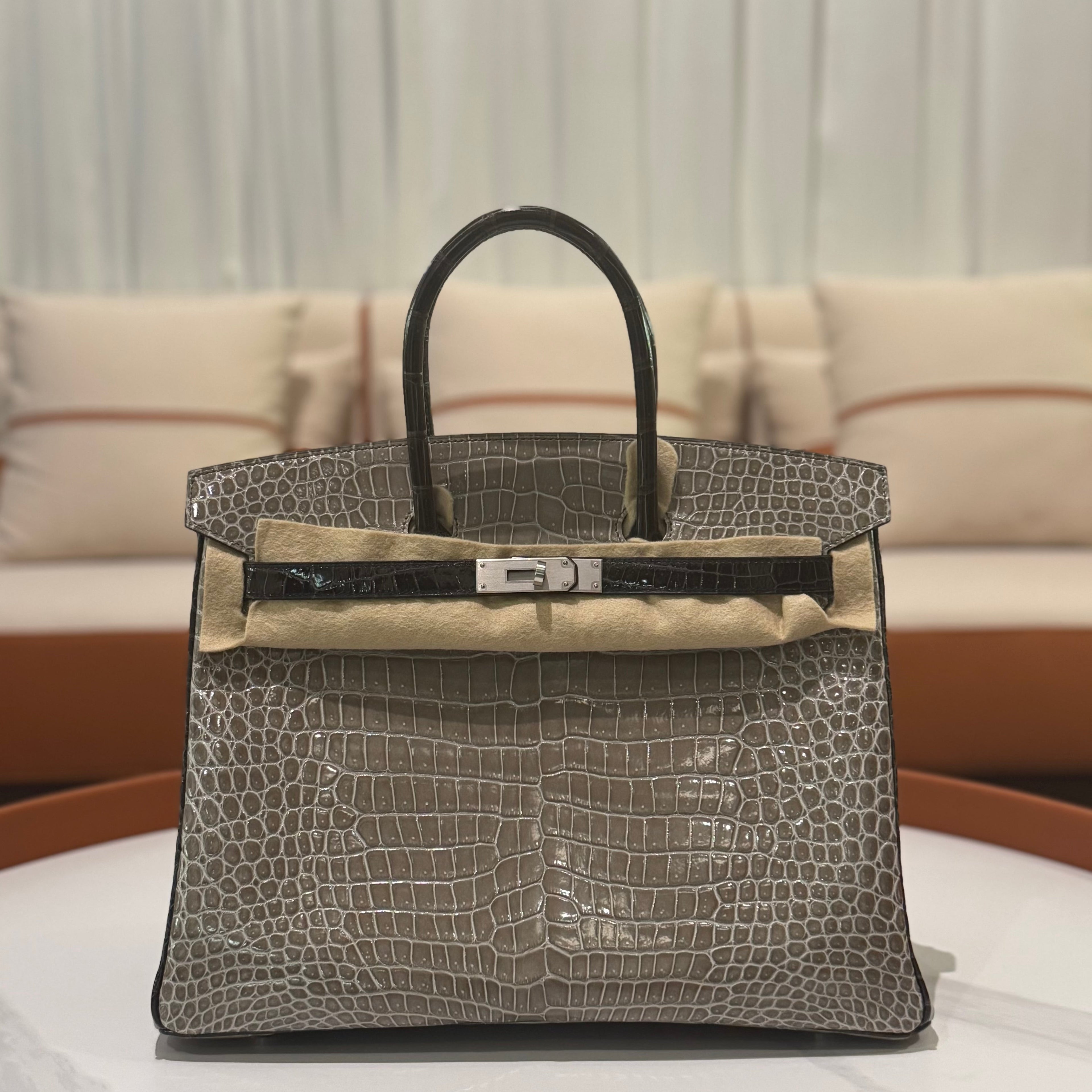 HERMÈS BIRKIN 35 GRIS TOURTERELLE CROCODILE POROSUS LISSE WITH BLACK HANDLE & PALLADIUM HARDWARE FULL STICKERS STAMP Y