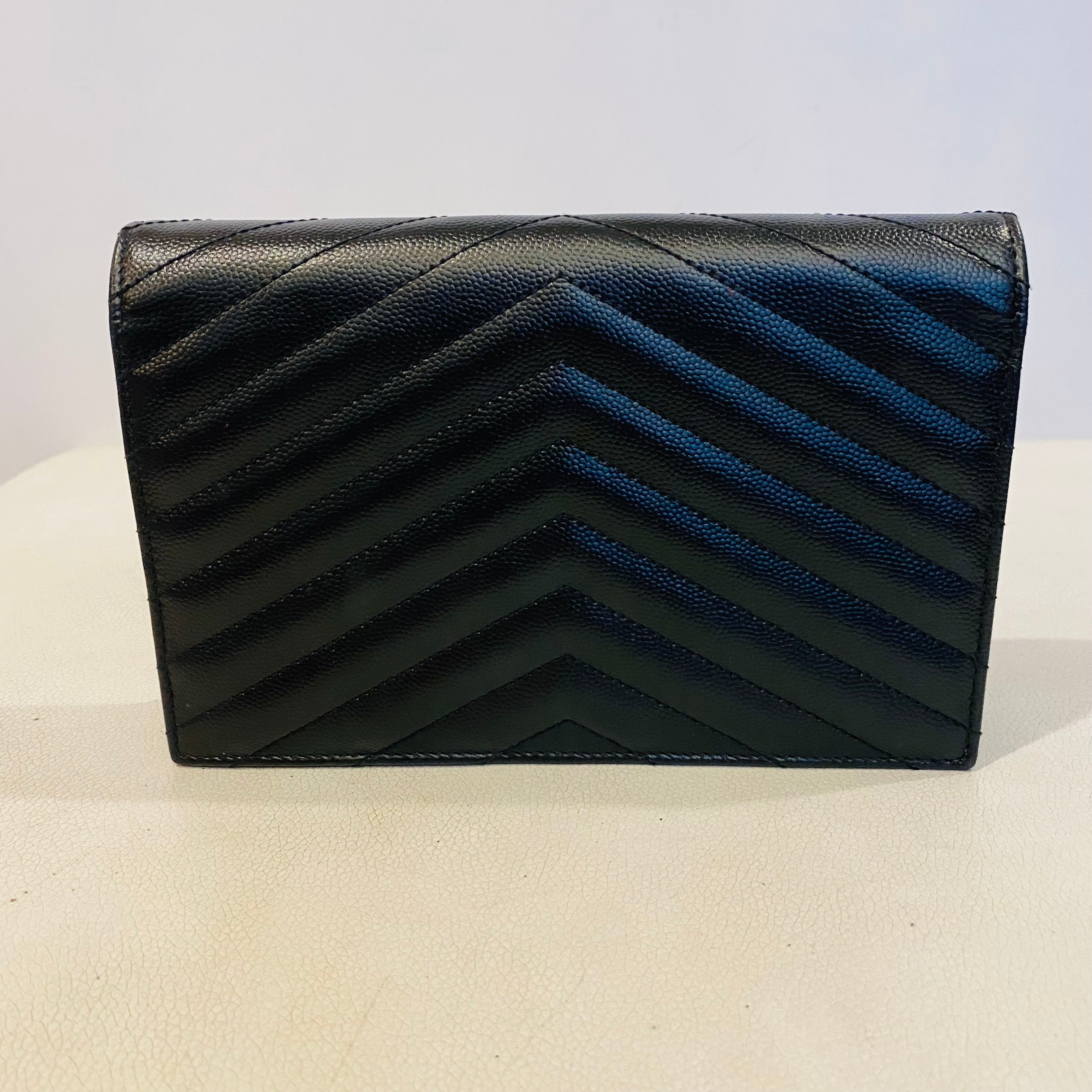 YSL Saint Laurent Monogramme Calfskin Leather Wallet on a Chain Handbag Black NWB