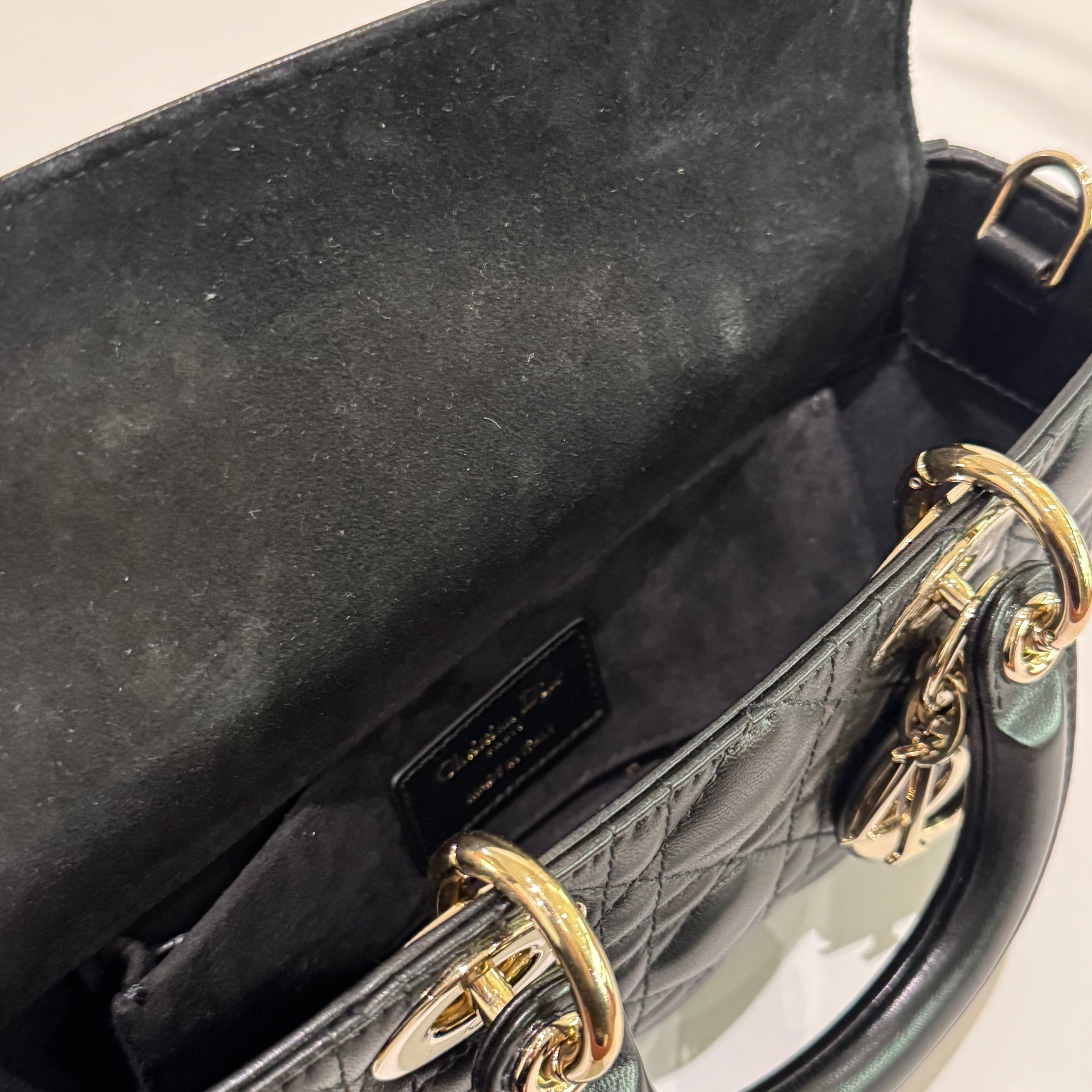 LADY DIOR HORIZONTAL SMALL BAG BLACK LAMBSKIN WITH GOLD HARDWARE
