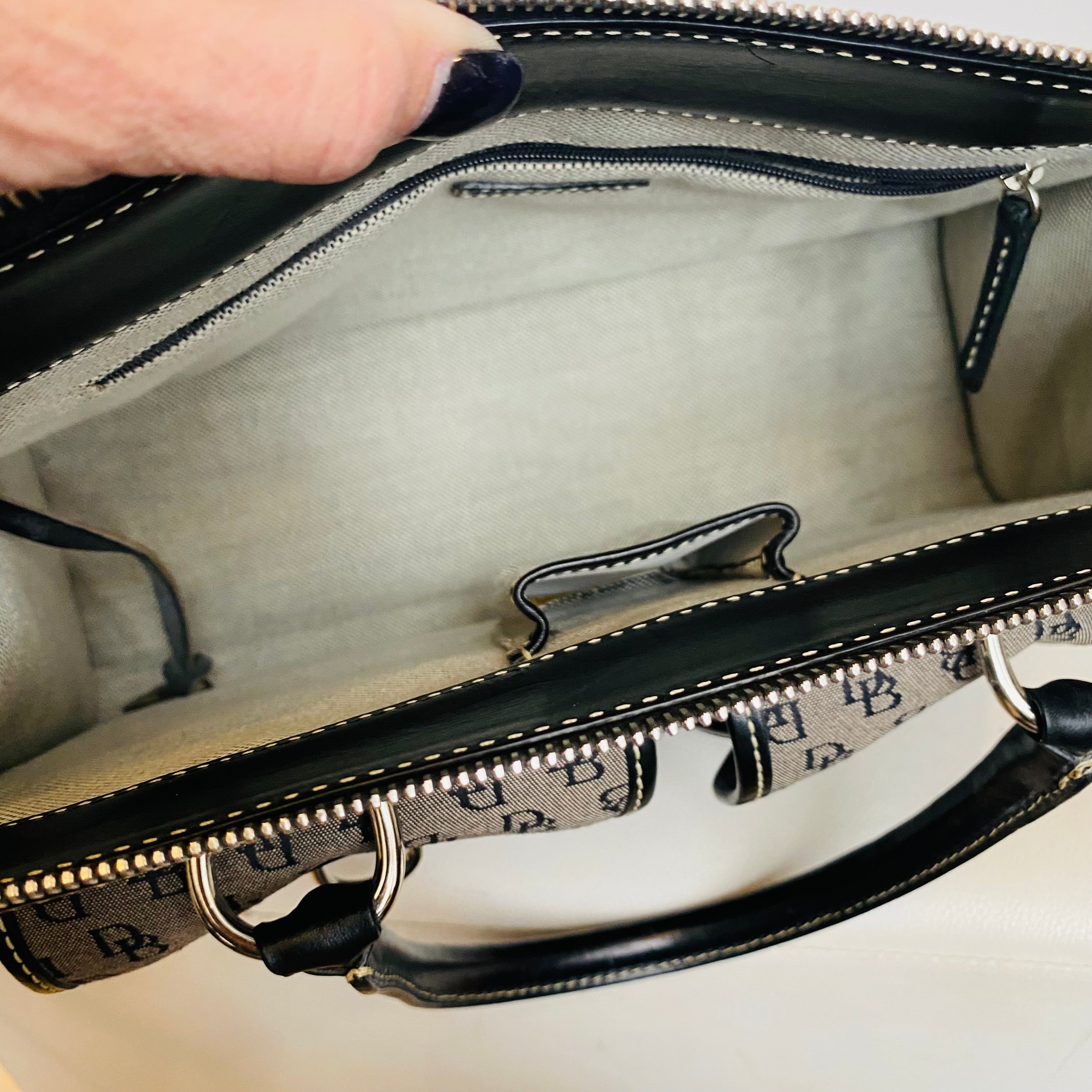 DOONEY & BOURKE Gray Canvas Black Leather Trim Signature Satchel Shoulder Bag Handbag