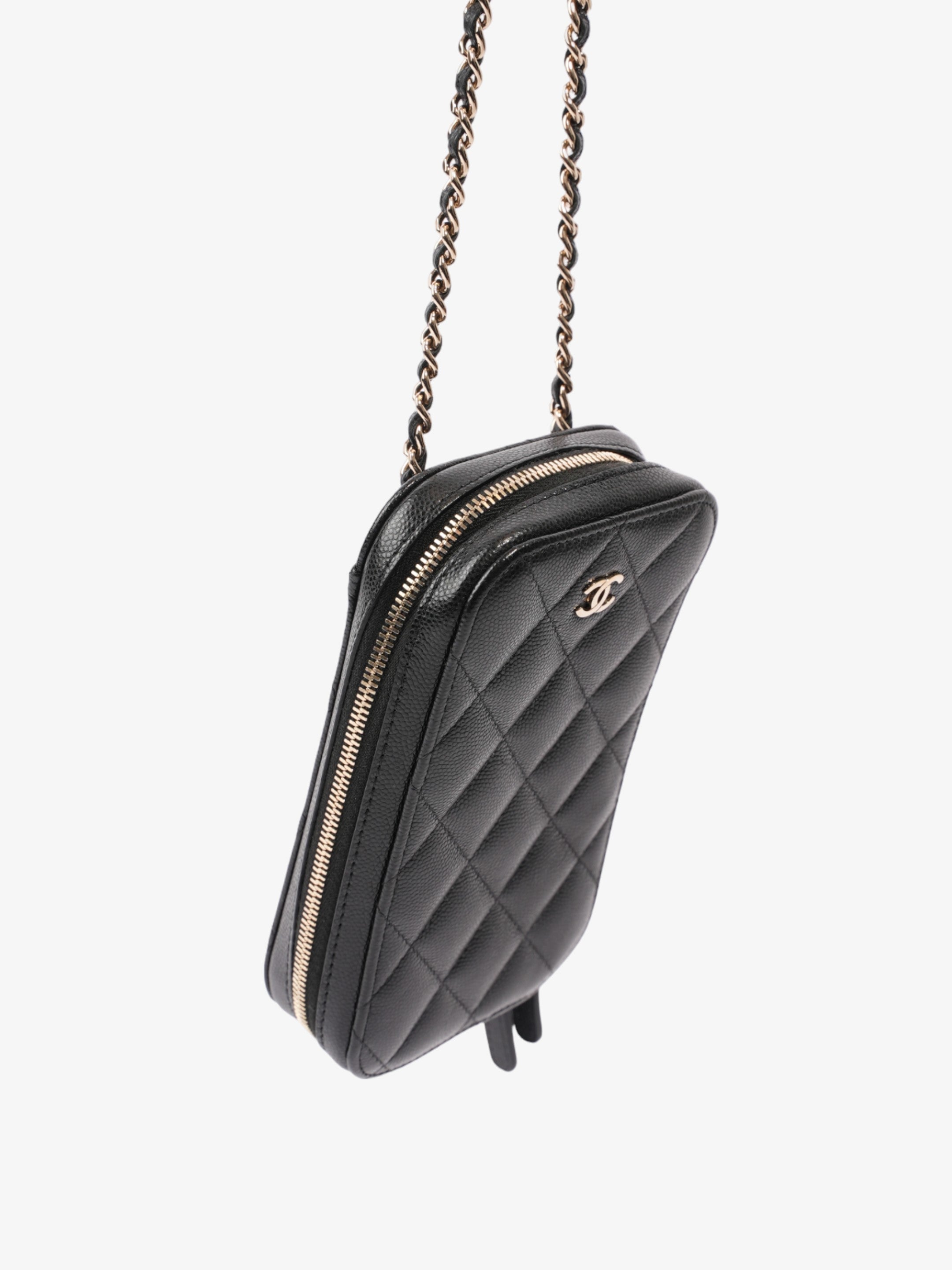 Chanel Quilted Phone Holder Black Caviar Leather