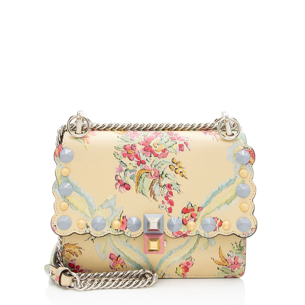 Fendi Calfskin Studded Multicolor Floral Kan I Small Shoulder Bag