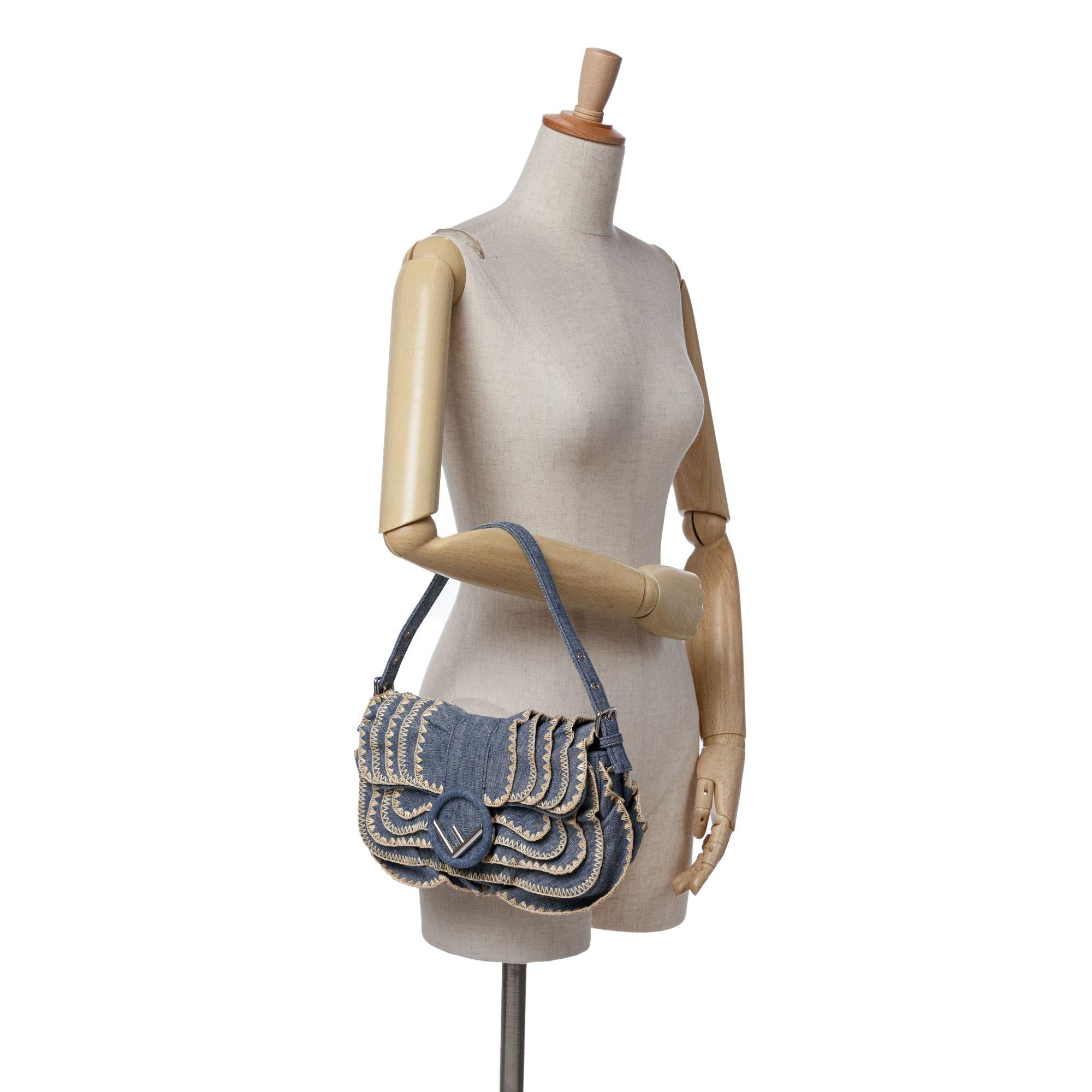 Fendi Embroidered Denim Ruffled F is Fendi Kan I Baguette