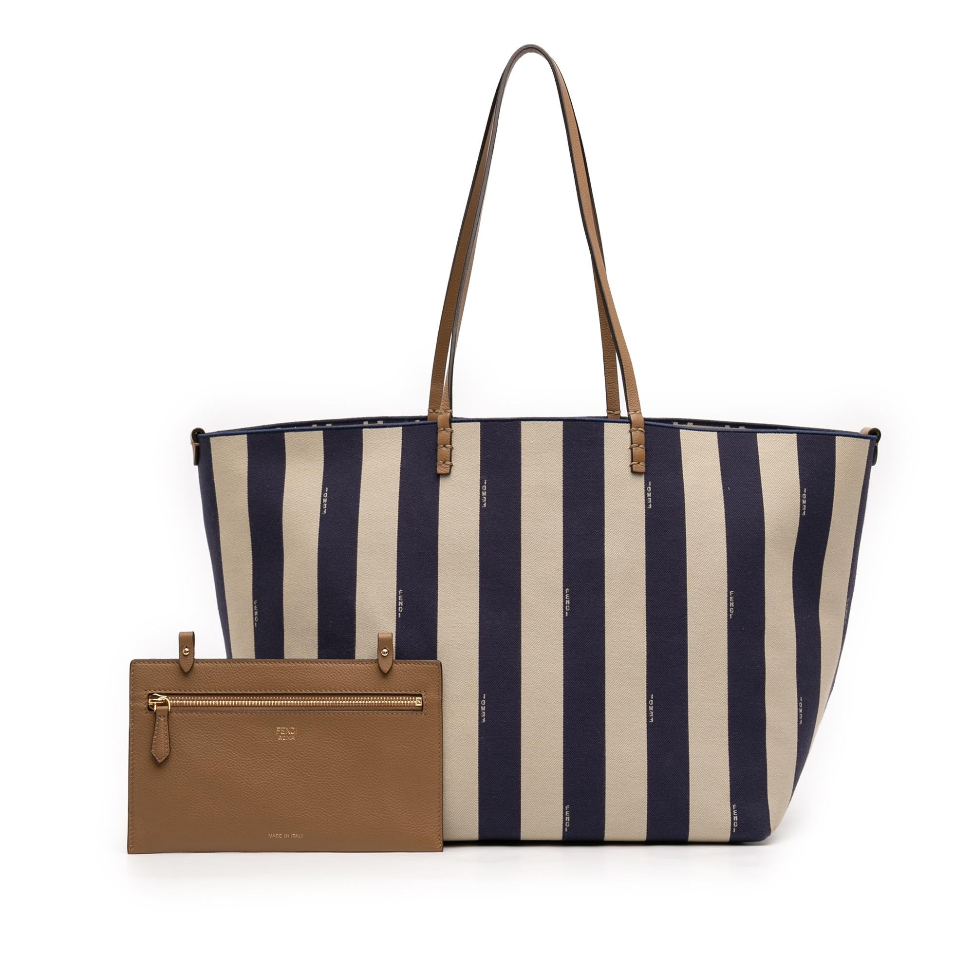 Fendi Large Zucca Canvas Pequin Striped Reversible Roll Tote