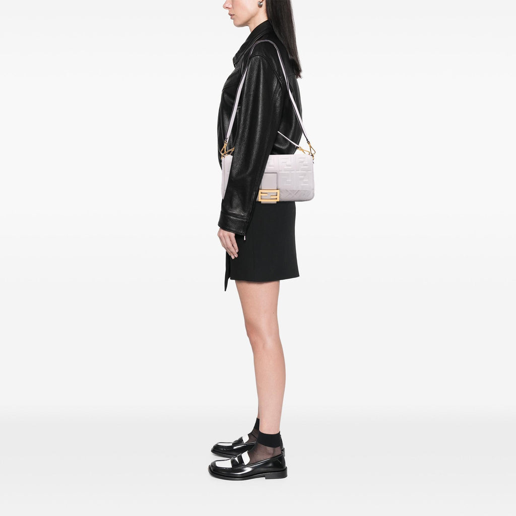 Fendi Large Zucca Embossed Leather Baguette Satchel