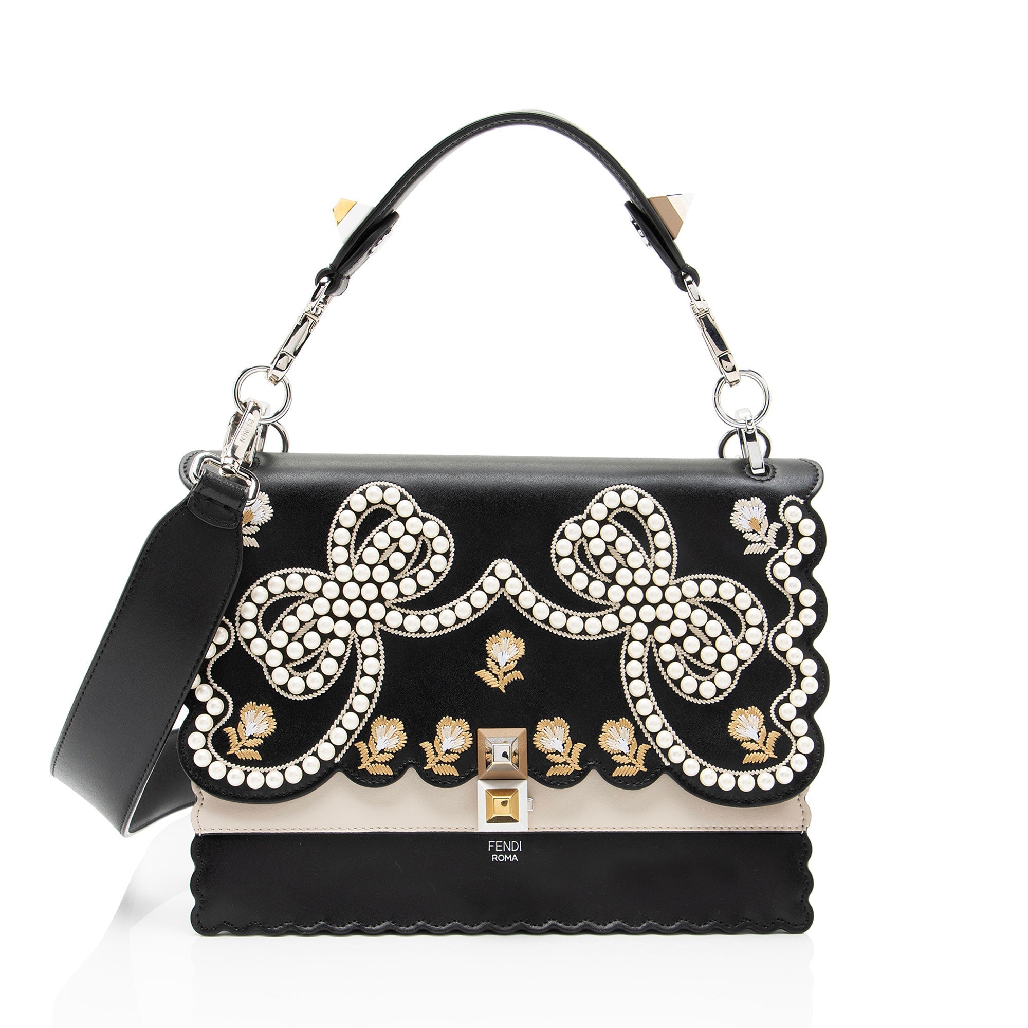 Fendi Leather Embroidered Flowers and Bows Kan I Medium Shoulder Bag